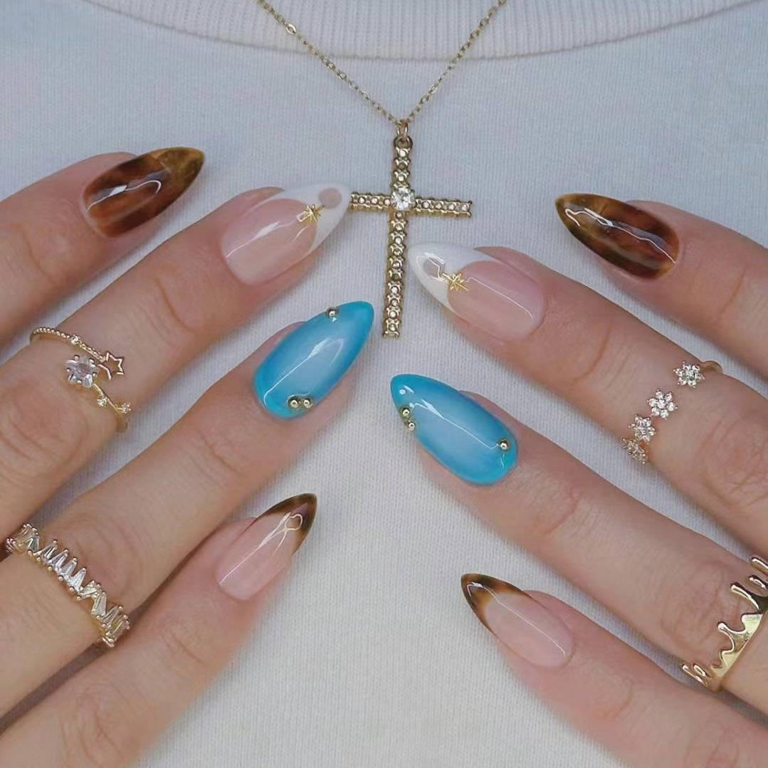 Golden Coast Acrylic Handmade Press-On Nails β Tortoise, Nude & Ocean Blue - Liliana Nail's