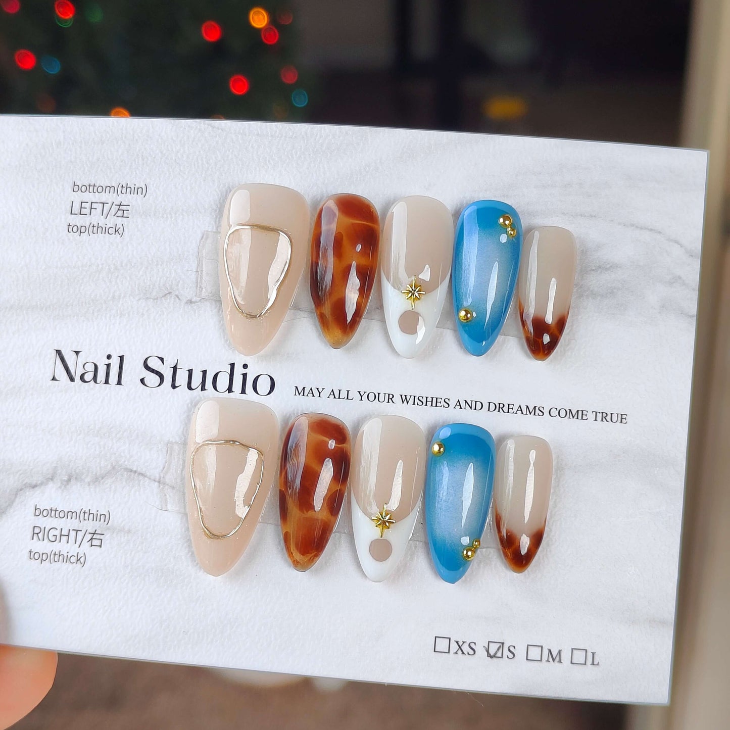 Golden Coast Acrylic Handmade Press-On Nails β Tortoise, Nude & Ocean Blue - Liliana Nail's
