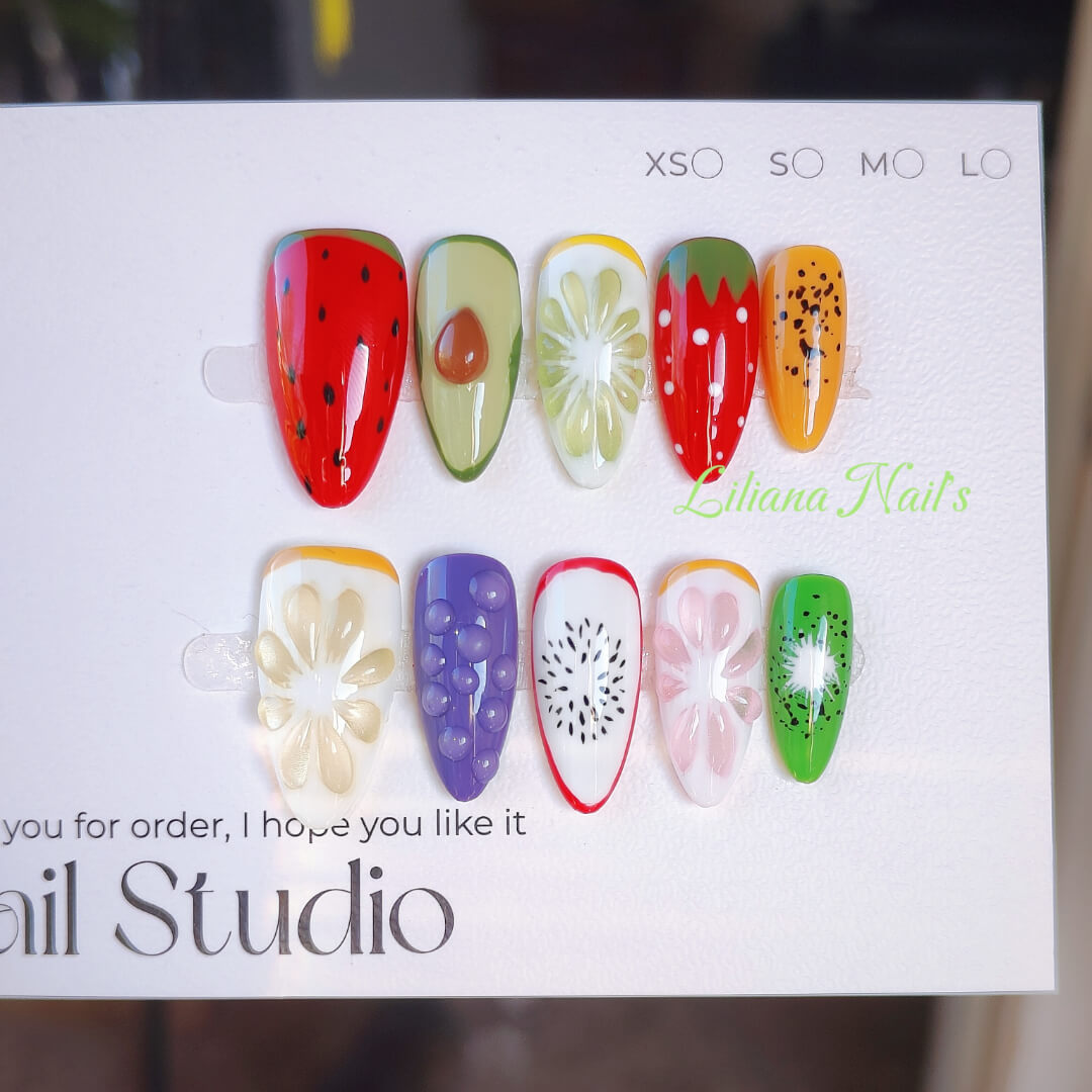 Tropical Bites – 10-Piece Fruit-Inspired Handmade Acrylic Press-On Nails - Liliana Nail's