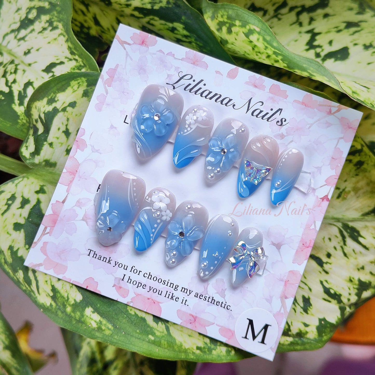 Sky Whisper Handmade Acrylic Press On Nails | 3D Blue Flowers, Butterflies & Pearls| Easy Stick-On Manicure | Fake Nails False Nails - Liliana Nail's