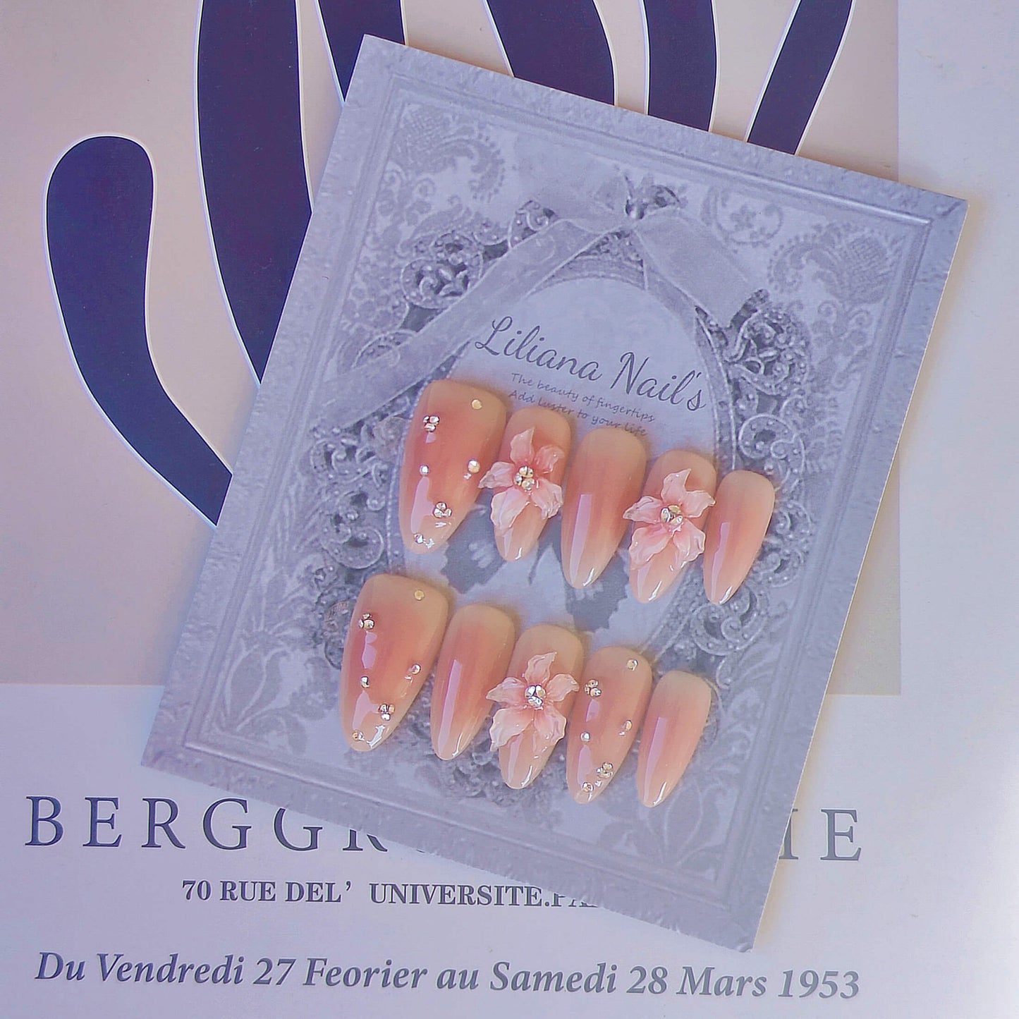 Ethereal Peach Bloom Press-On Nails | 3D Pastel Flowers & Rhinestone Sparkle | Romantic Nude Manicure | Fake Nails False Nails