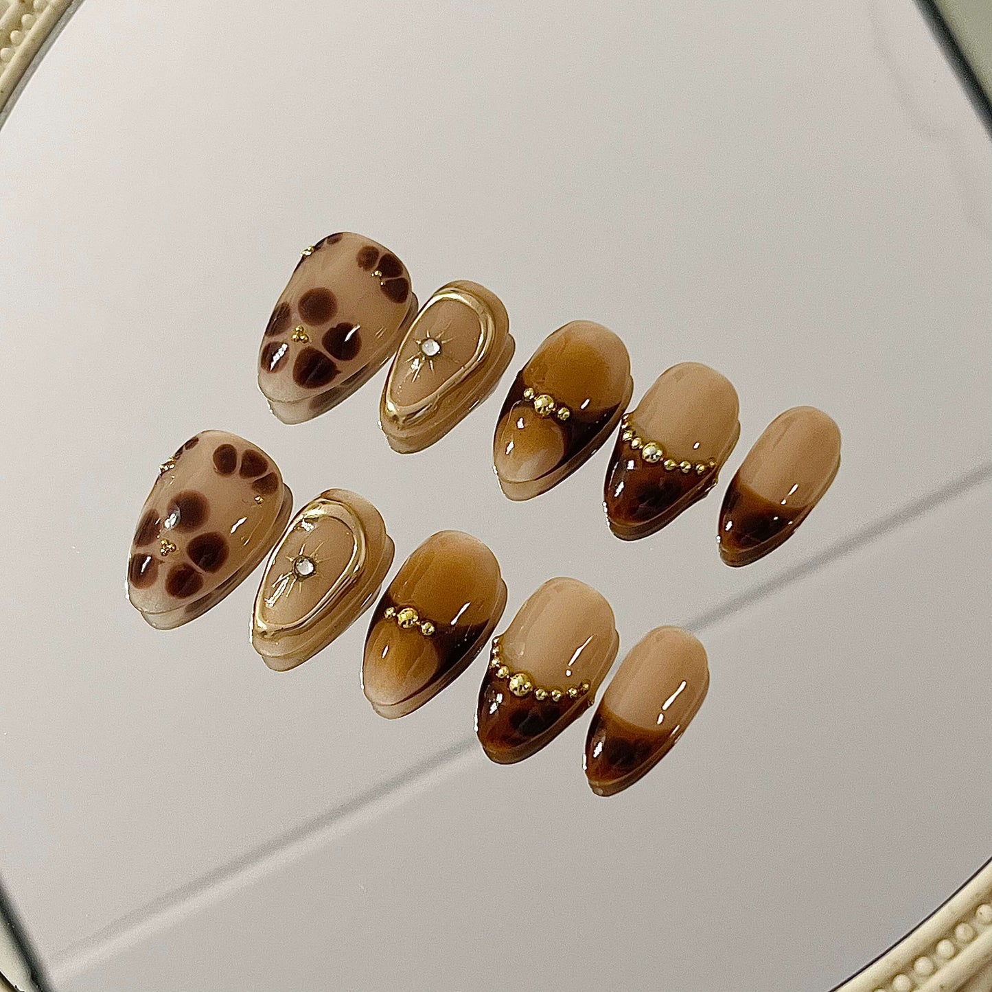 Café Au Lait Fall Blossom 10pc Acrylic Handmade Press-On Nails With Free Tool Kit - Liliana Nail's