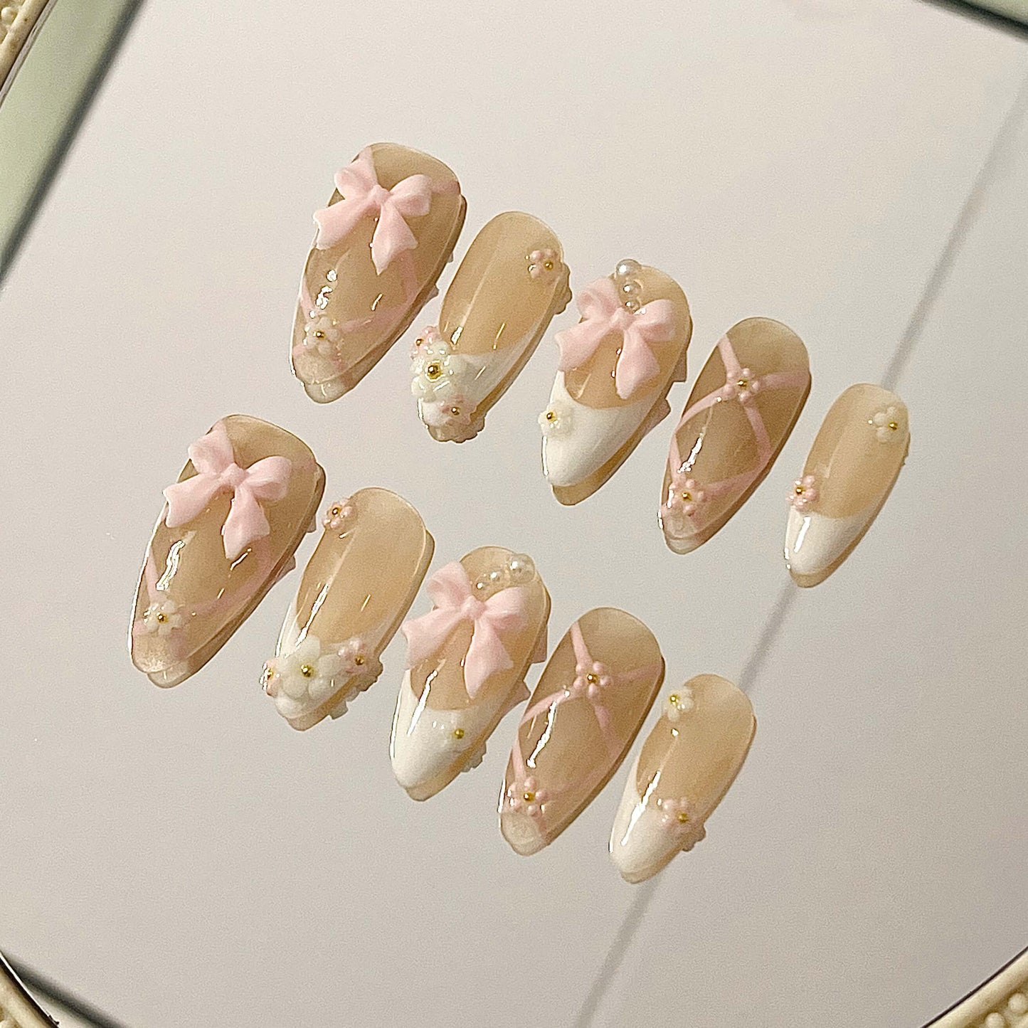 Cherry Ribbon Handmade Acrylic Press-On Nails | Intricate 3D Silver Bows & French Tips | Romantic Reusable Manicure| Fake Nails False Nails