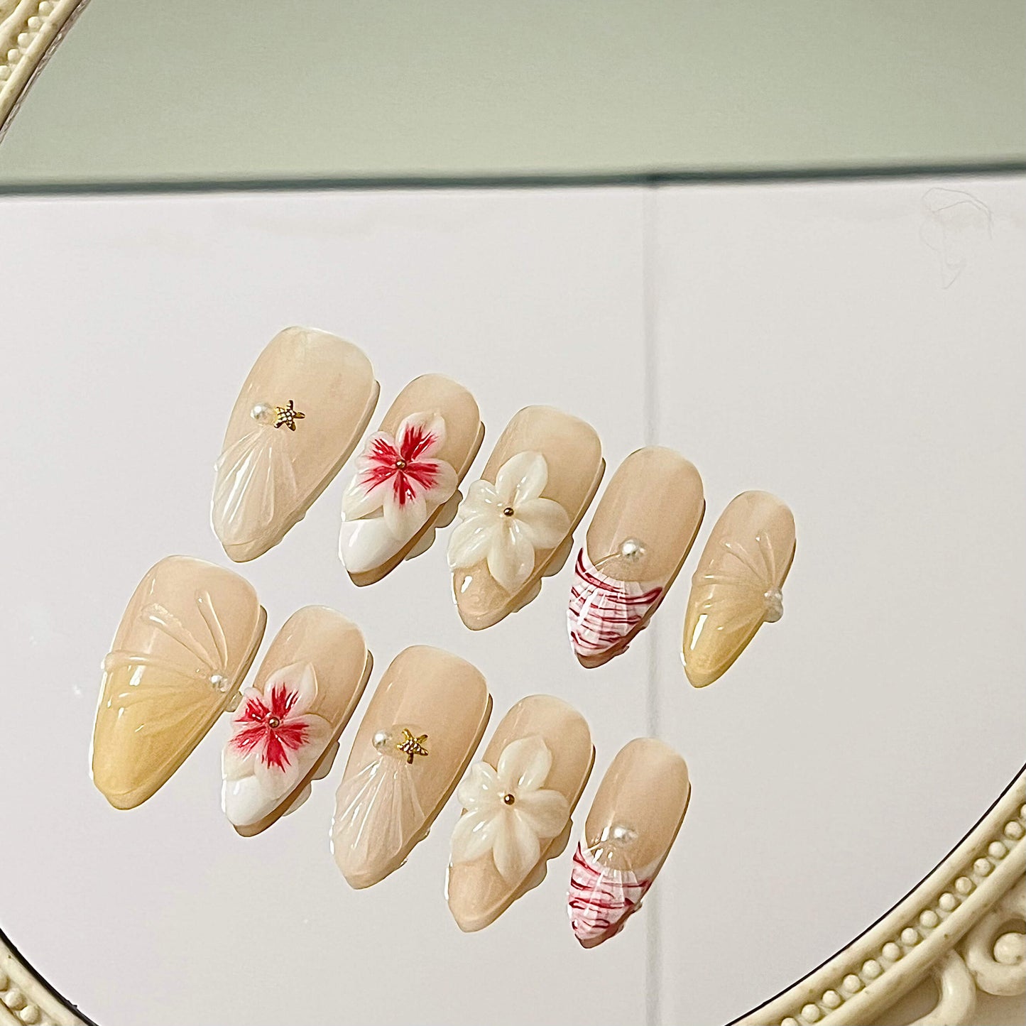 Elegant Nude Floral Press-On Nails | 3D White & Pink Flowers, Swirls & Pearls | Chic Reusable Manicure | Fake Nails False Nails