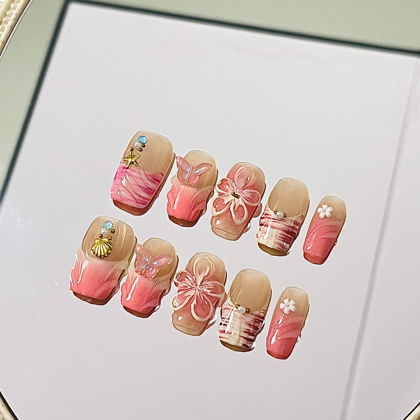 Dreamy Pink Seashell Press-On Nails | 3D Flowers, Pearl Stars & Glitter Swirls | Beachy Reusable Manicure| Fake Nails False Nails