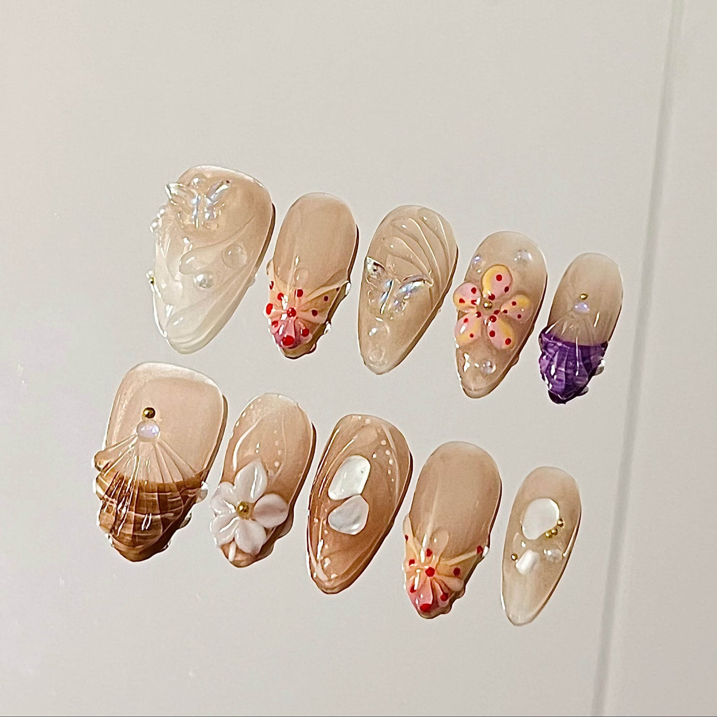 Ocean Dream Handmade Acrylic Press On Nails | 3D Shells, Butterflies & Floral Accents| Easy Stick-On Manicure | Fake Nails False Nails - Liliana Nail's