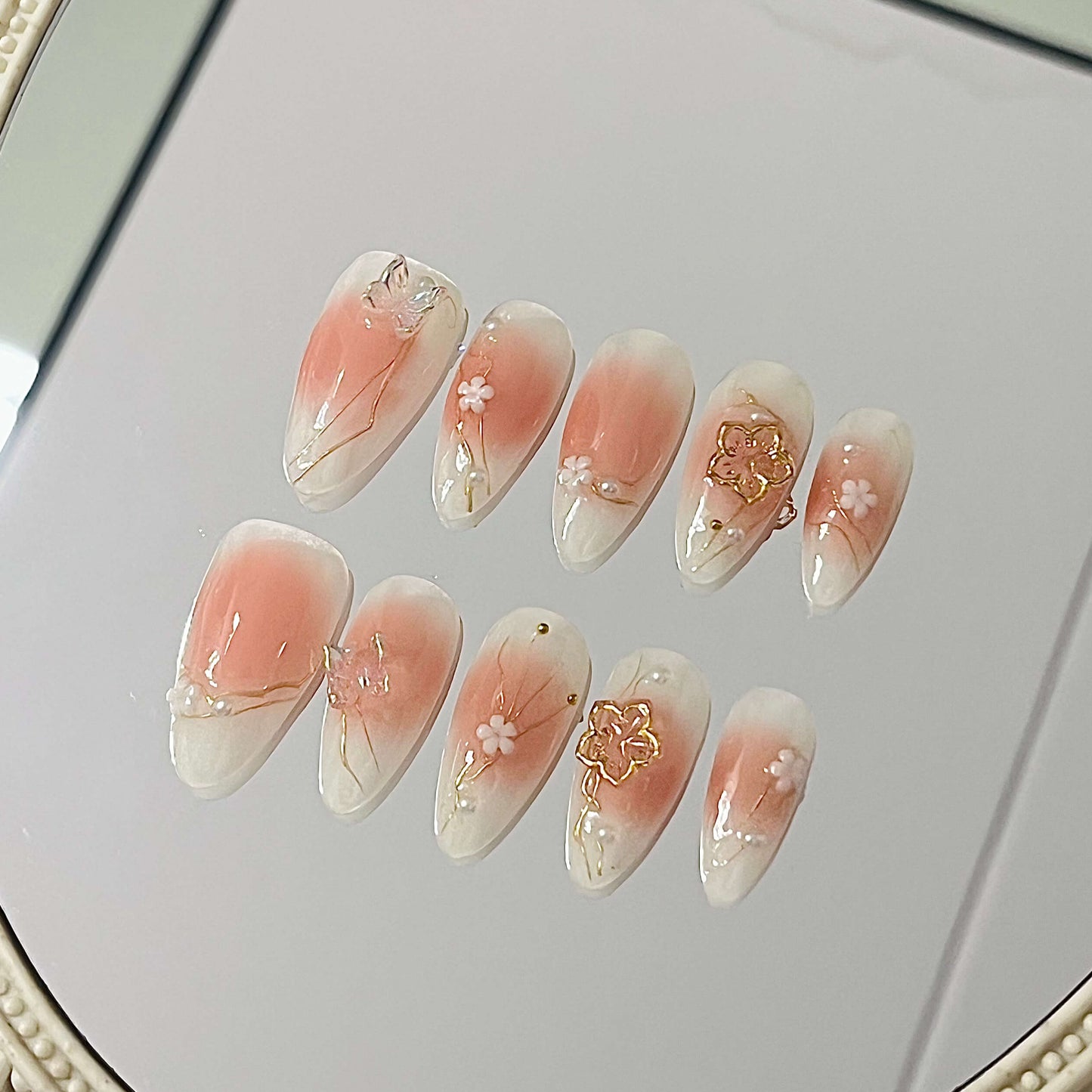 Sakura Blossom & Butterfly Press-On Nails| Elegant Flower Handmade Acrylic Floral Press-On Nails - Liliana Nail's
