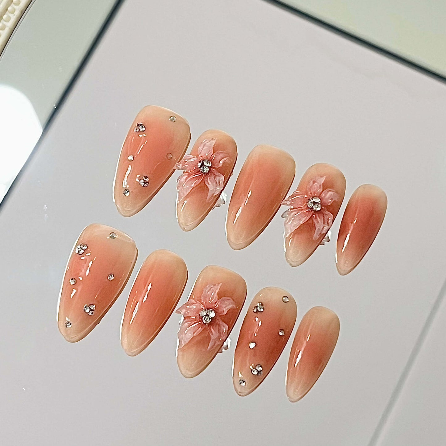 Ethereal Peach Bloom Press-On Nails | 3D Pastel Flowers & Rhinestone Sparkle | Romantic Nude Manicure | Fake Nails False Nails