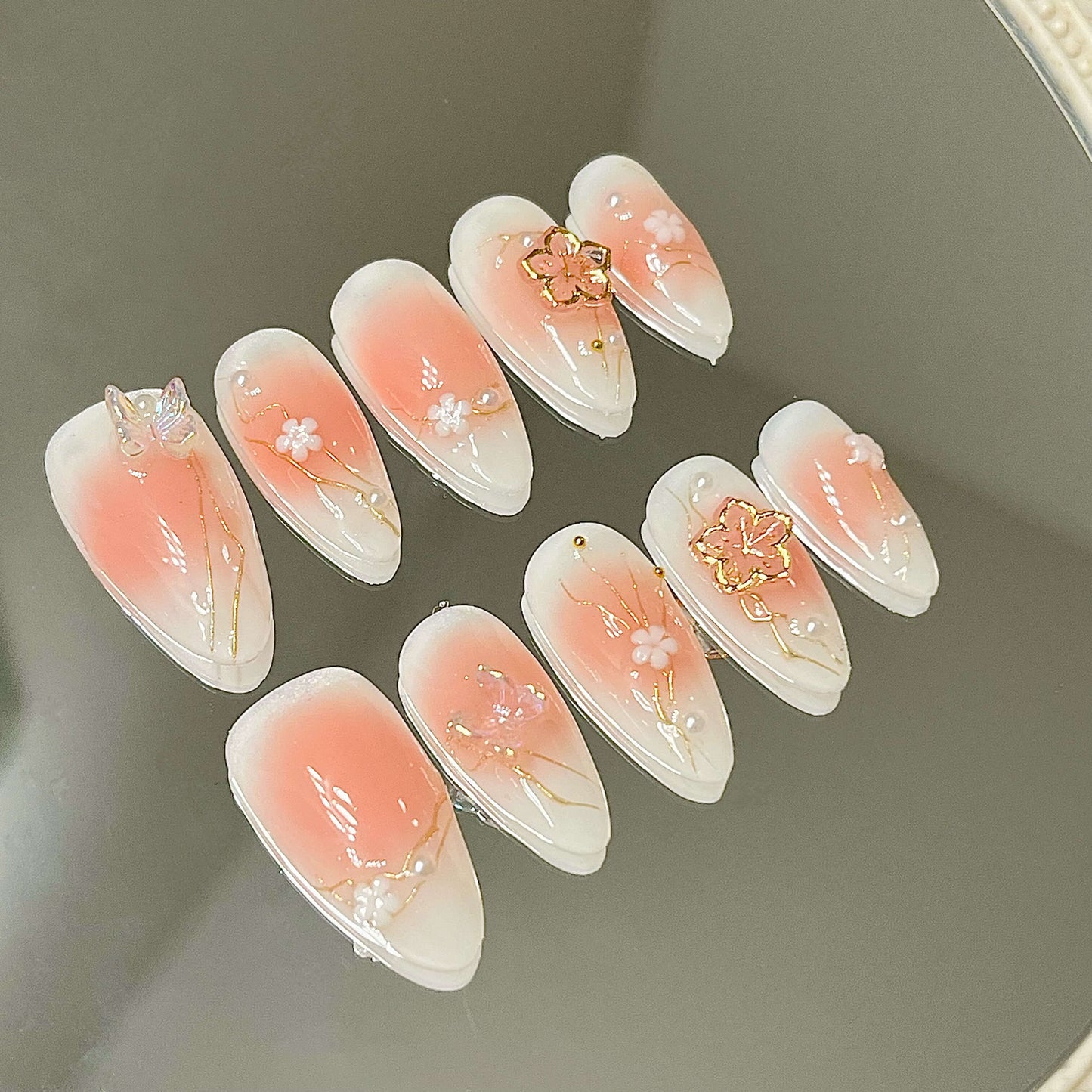 Sakura Blossom & Butterfly Press-On Nails| Elegant Flower Handmade Acrylic Floral Press-On Nails - Liliana Nail's