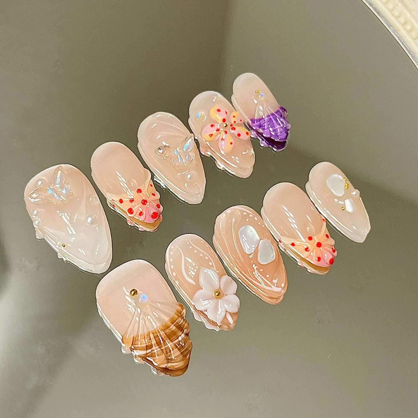 Ocean Dream Handmade Acrylic Press On Nails | 3D Shells, Butterflies & Floral Accents| Easy Stick-On Manicure | Fake Nails False Nails - Liliana Nail's