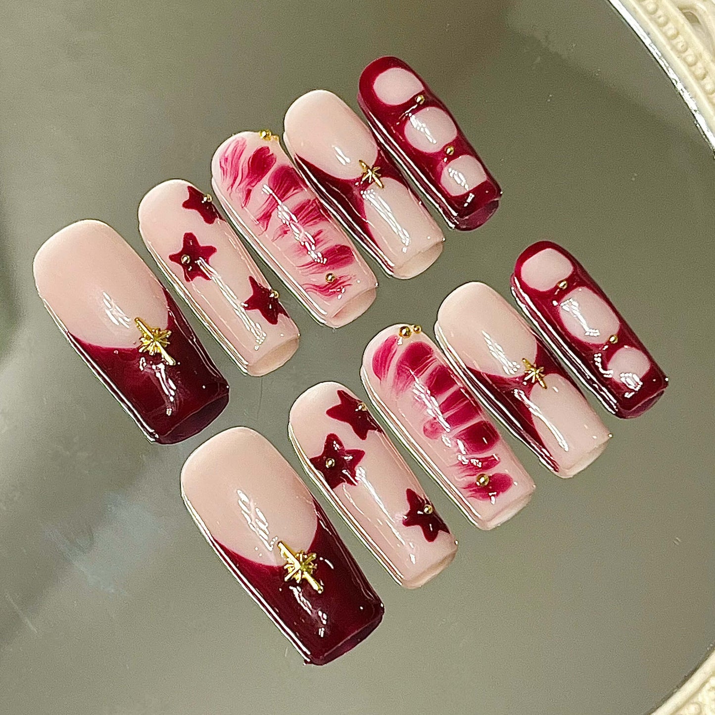 Velvet Rouge Starlight Press-On Nails| Long Coffin Nails| Stick on Manicure| Fake Nails False Nails
