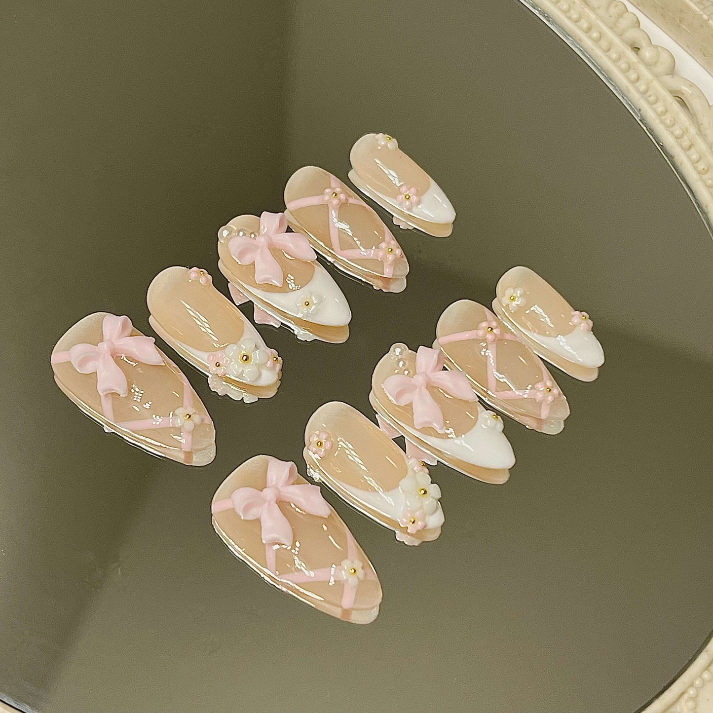 Cherry Ribbon Handmade Acrylic Press-On Nails | Intricate 3D Silver Bows & French Tips | Romantic Reusable Manicure| Fake Nails False Nails