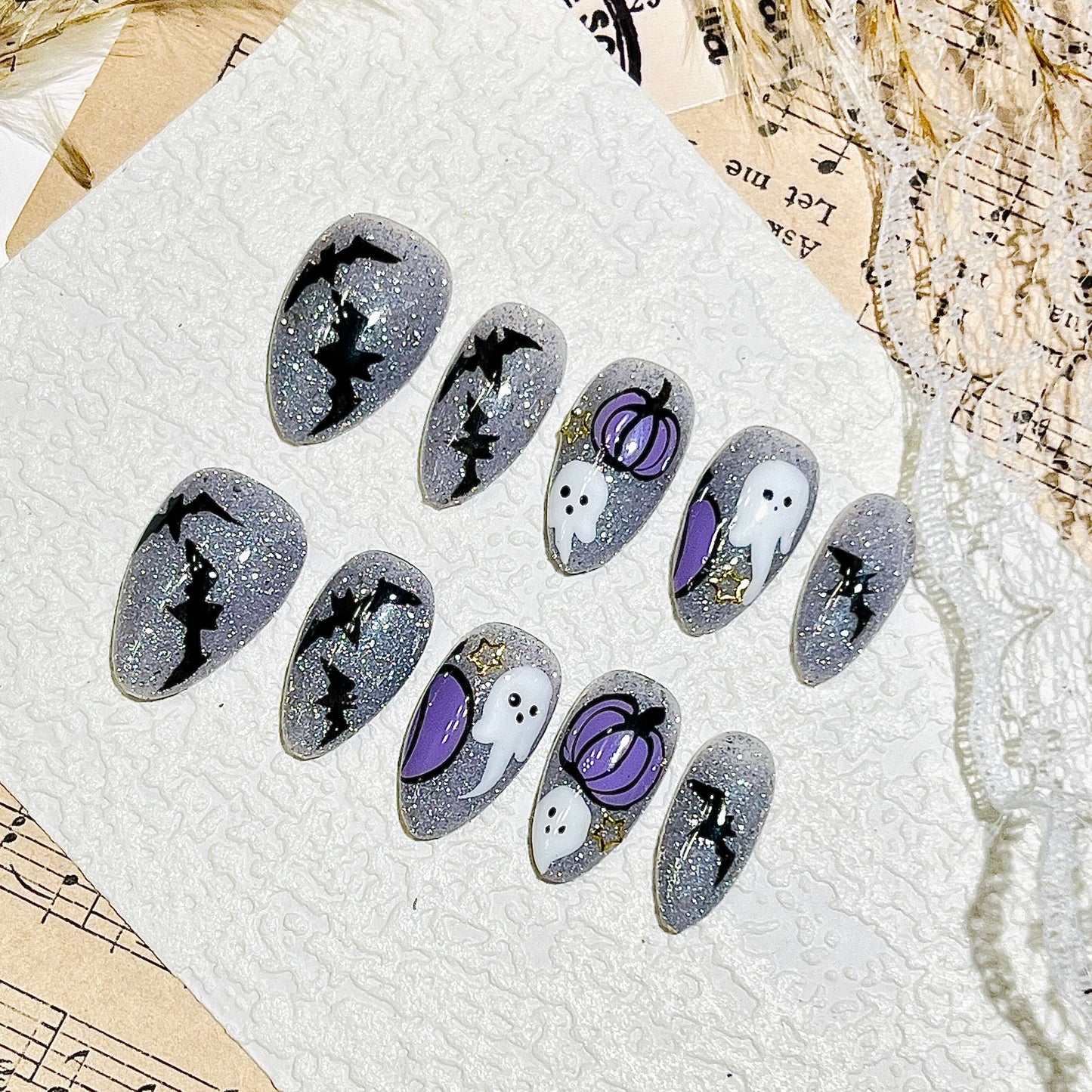 Spooky Pumpkin Handmade Acrylic Press-On Nails | Easy Stick on| Halloween Reusable Manicure | Fake Nails False Nails