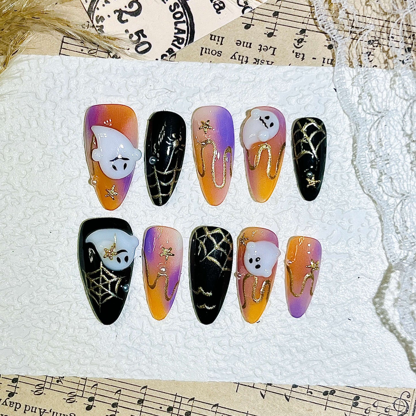 Spooky Ghost & Spiderweb Handmade Acrylic Press-On Nails | Easy Stick on| Halloween Reusable Manicure | Fake Nails False Nails