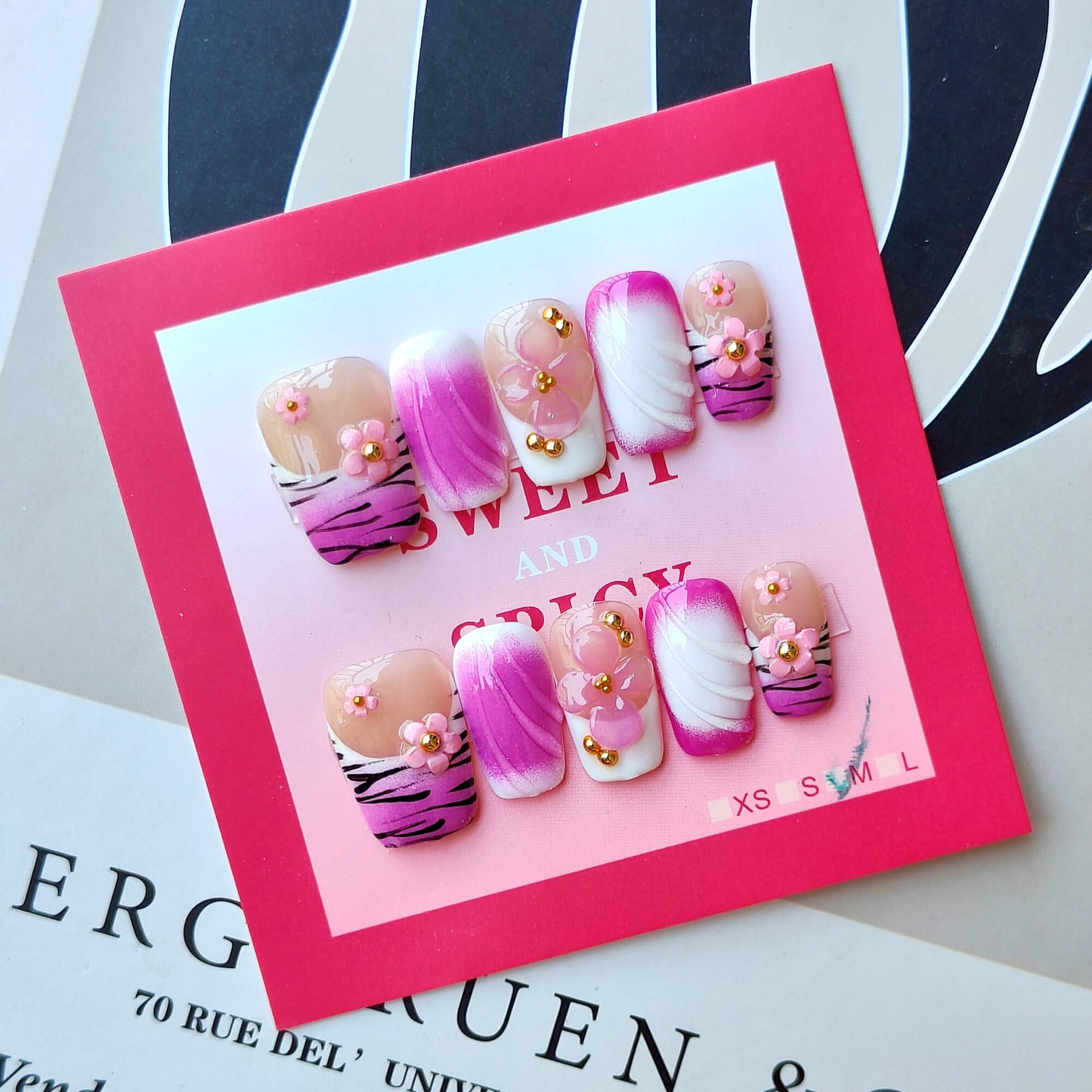 Wild Heart Tiger Press-On Nails | Pink & White Ombré, 3D Flowers & Gold Accents | Edgy Reusable Manicure| Fake Nails False Nails