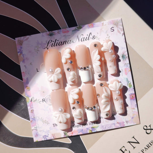 3D Flower Elegant Pearl & Rhinestone Embellished Long Coffin Nails | Handmade Bridal Nails for Wedding or Party| Fake Nails - Liliana Nail's