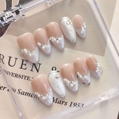 Pearl Press on Nails | Bridal V-French Tip, 3D Bow, Coquette Nails, Elegant Wedding Fake Nails, Luxury Nail Art