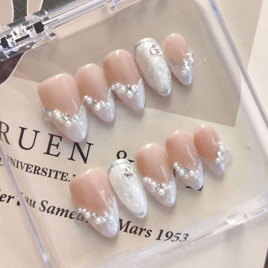 Pearl Press on Nails | Bridal V-French Tip, 3D Bow, Coquette Nails, Elegant Wedding Fake Nails, Luxury Nail Art