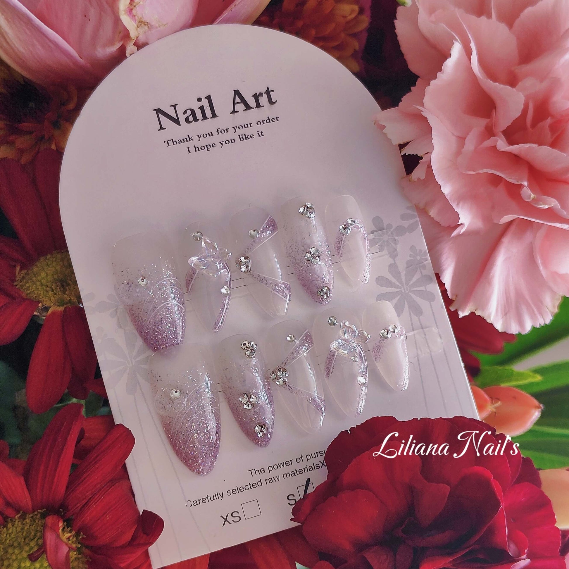 Midnight Flutter – 10pc Acrylic Handmade Press-On Nail Set in Purple Glitter with Butterflies - Liliana Nail's