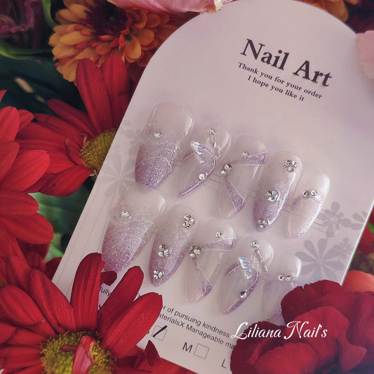 Midnight Flutter – 10pc Acrylic Handmade Press-On Nail Set in Purple Glitter with Butterflies - Liliana Nail's