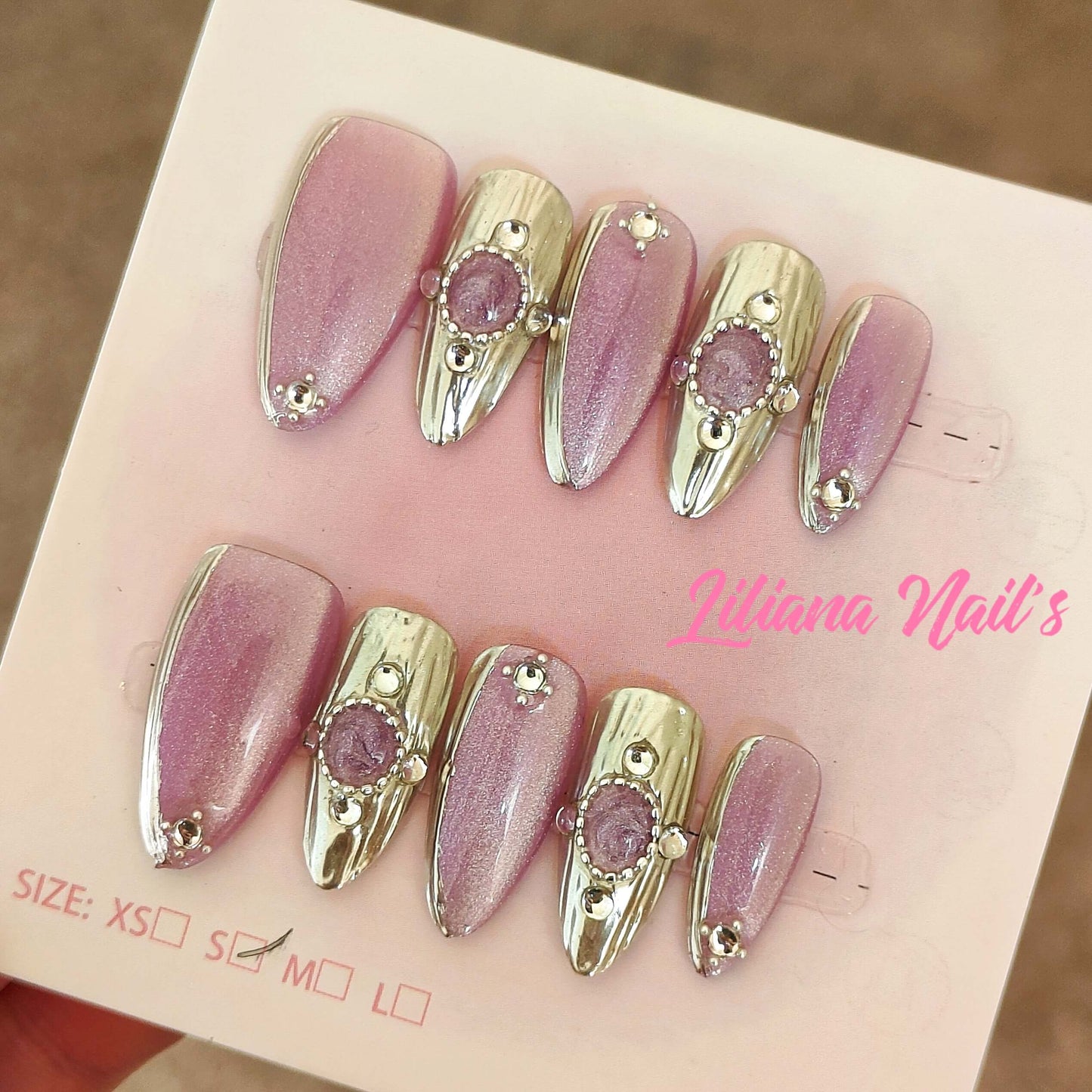 Glamorous Pink & Gold Press-On Nails with Gem Accents| Handmade Acrylic Press-On Nails - Liliana Nail's