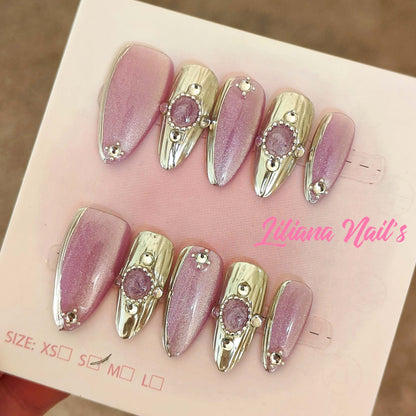 Glamorous Pink & Gold Press-On Nails with Gem Accents| Handmade Acrylic Press-On Nails - Liliana Nail's