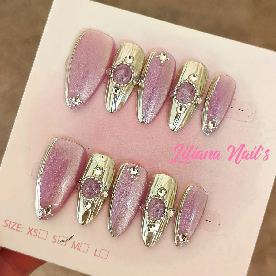 Glamorous Pink & Gold Press-On Nails with Gem Accents| Handmade Acrylic Press-On Nails - Liliana Nail's