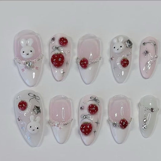 Kawaii Adorable Bunny & Strawberry Y2K Handmade Acrylic Press-On Nails Fake Nails - Liliana Nail's