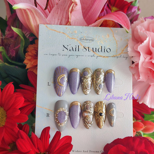 Starry Night Cat Eye Handmade Acrylic Press-On Nails| Edgy Reusable Manicure| Fake Nails False Nails Stick on Nails