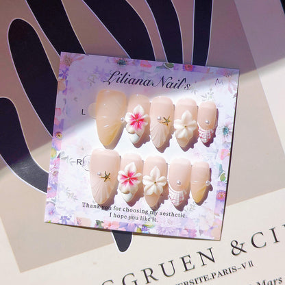 Elegant Nude Floral Press-On Nails | 3D White & Pink Flowers, Swirls & Pearls | Chic Reusable Manicure | Fake Nails False Nails