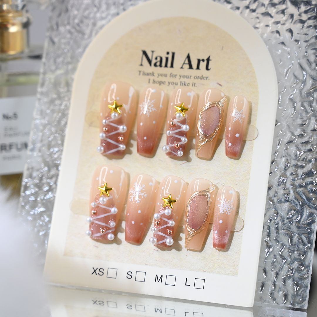 Snowflake Press on Nails | 3D Pearl Christmas Tree, Nude Ombre Nails, "Winter Wonderland" Elegant Reusable Nails, Frosted Fake Nails