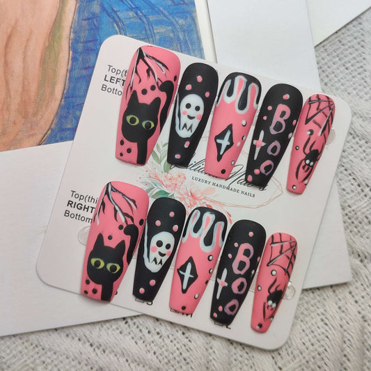 Spooky Ghost Hand Painted Acrylic Press-On Nails | Easy Stick on| Halloween Reusable Manicure | Fake Nails False Nails