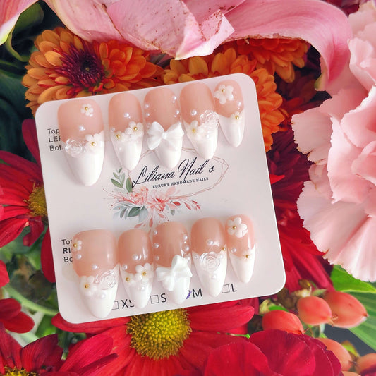 Petal Whisper – White Flower French Tip 10pc Acrylic Handmade Press-On Nail Set - Liliana Nail's