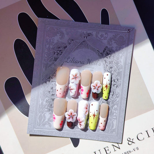 Sakura Blossoms 3D Flower Handmade Acrylic Press On Nails| Long Coffin Nails Fake Nails - Liliana Nail's