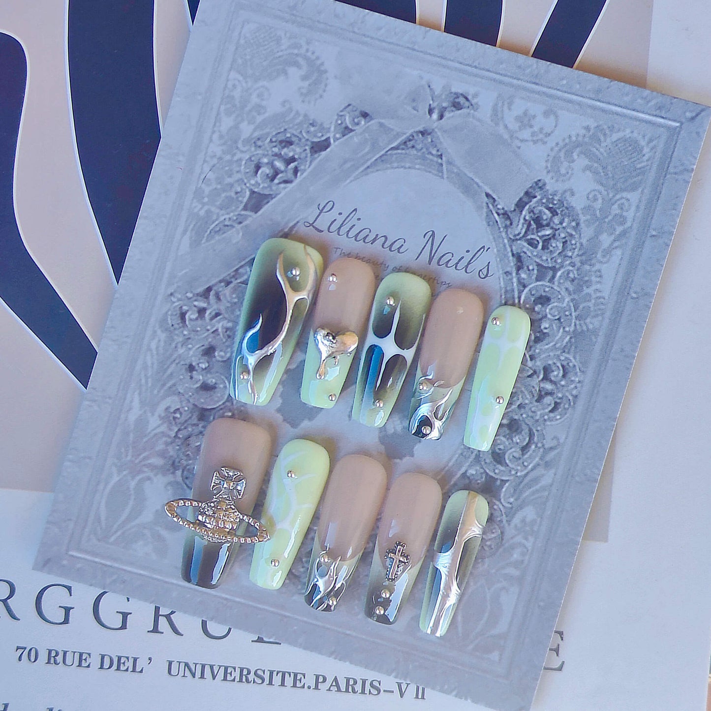 Y2K Chrome Slime Drip Press-On Nails – Green & Nude Alien Vibes | Long Coffin with Bling & 3D Charms - Liliana Nail's