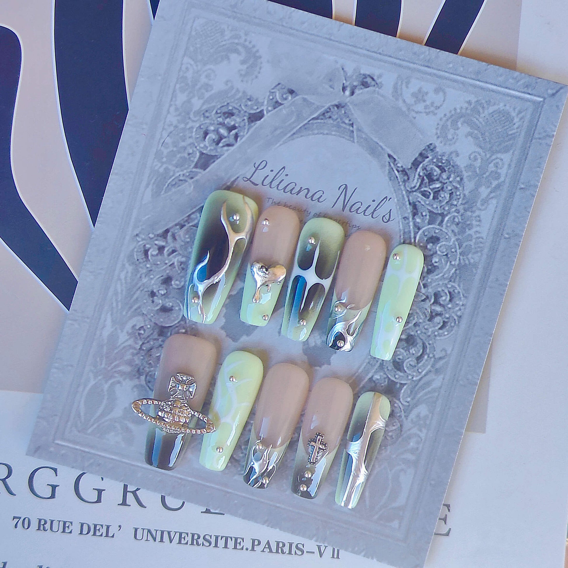 Y2K Chrome Slime Drip Press-On Nails – Green & Nude Alien Vibes | Long Coffin with Bling & 3D Charms - Liliana Nail's