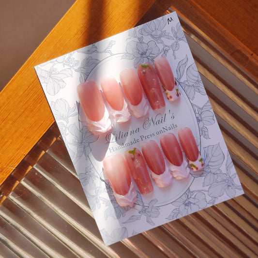 Blush Jelly Press-On Nails – Pink Cherry Garden Vibes with 3D Petal Swirls | Long Coffin Nails - Liliana Nail's