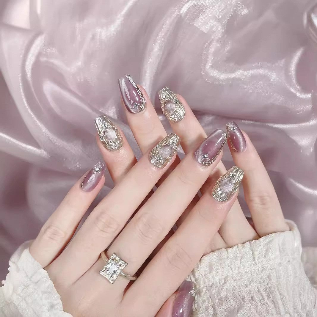 Glamorous Pink & Gold Cat Eye Handmade Acrylic Press-On Nails