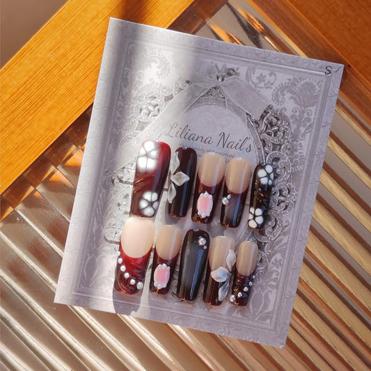 Molten Galaxy Floral Handmade Acrylic Press-On Nails  Burgundy 3D Flower Design | Long Coffin Fake Nails