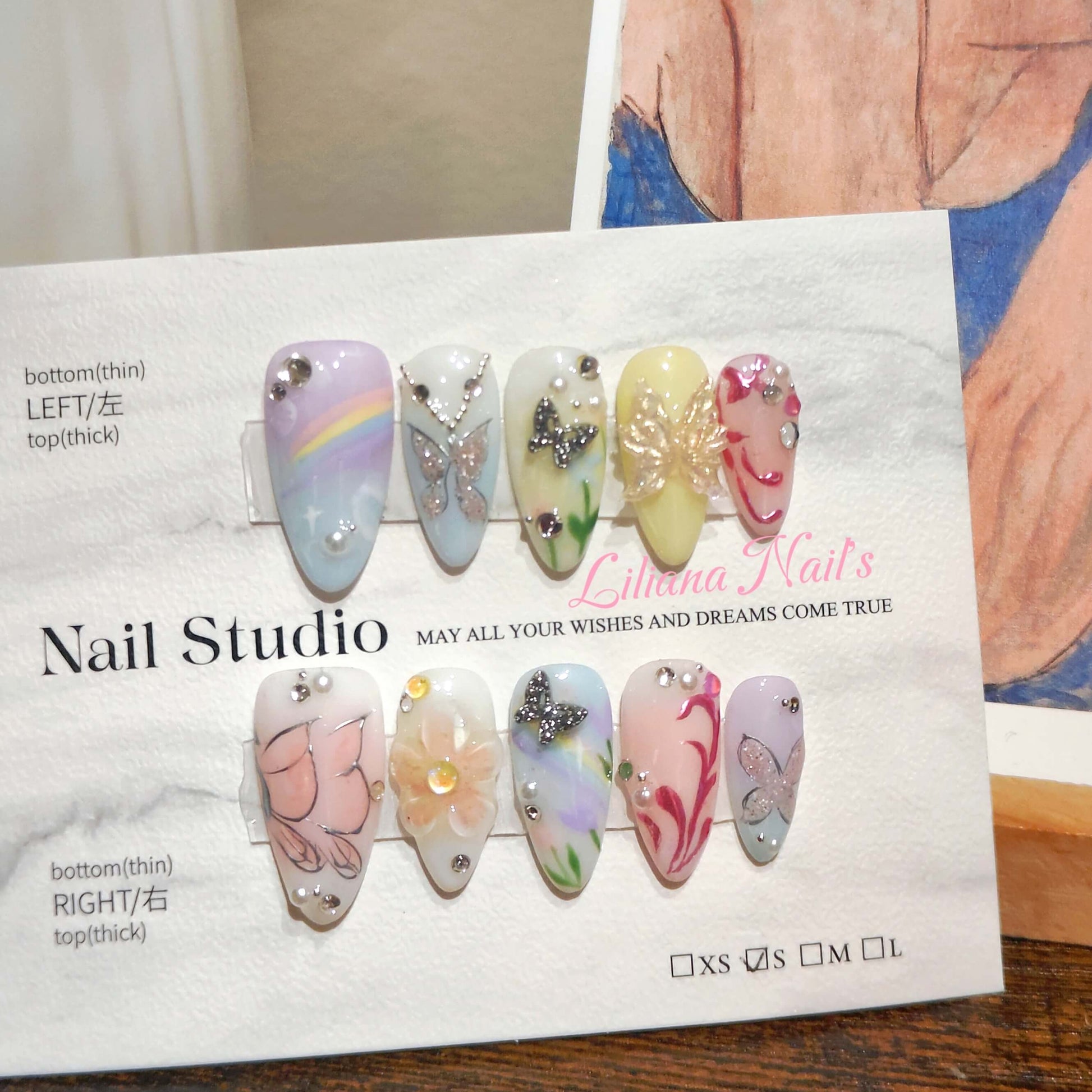 Whimsical Butterfly & Floral Elegant Handmade Acrylic Floral Press-On Nails - Liliana Nail's