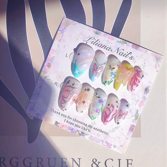 Whimsical Butterfly & Floral Elegant Handmade Acrylic Floral Press-On Nails - Liliana Nail's