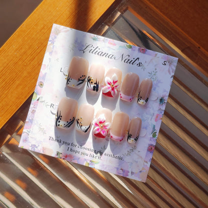 Playful Chic Press-On Nails | Abstract Swirls, 3D Flowers & Pink Hearts | Bold Reusable Manicure| Fake Nails False Nails