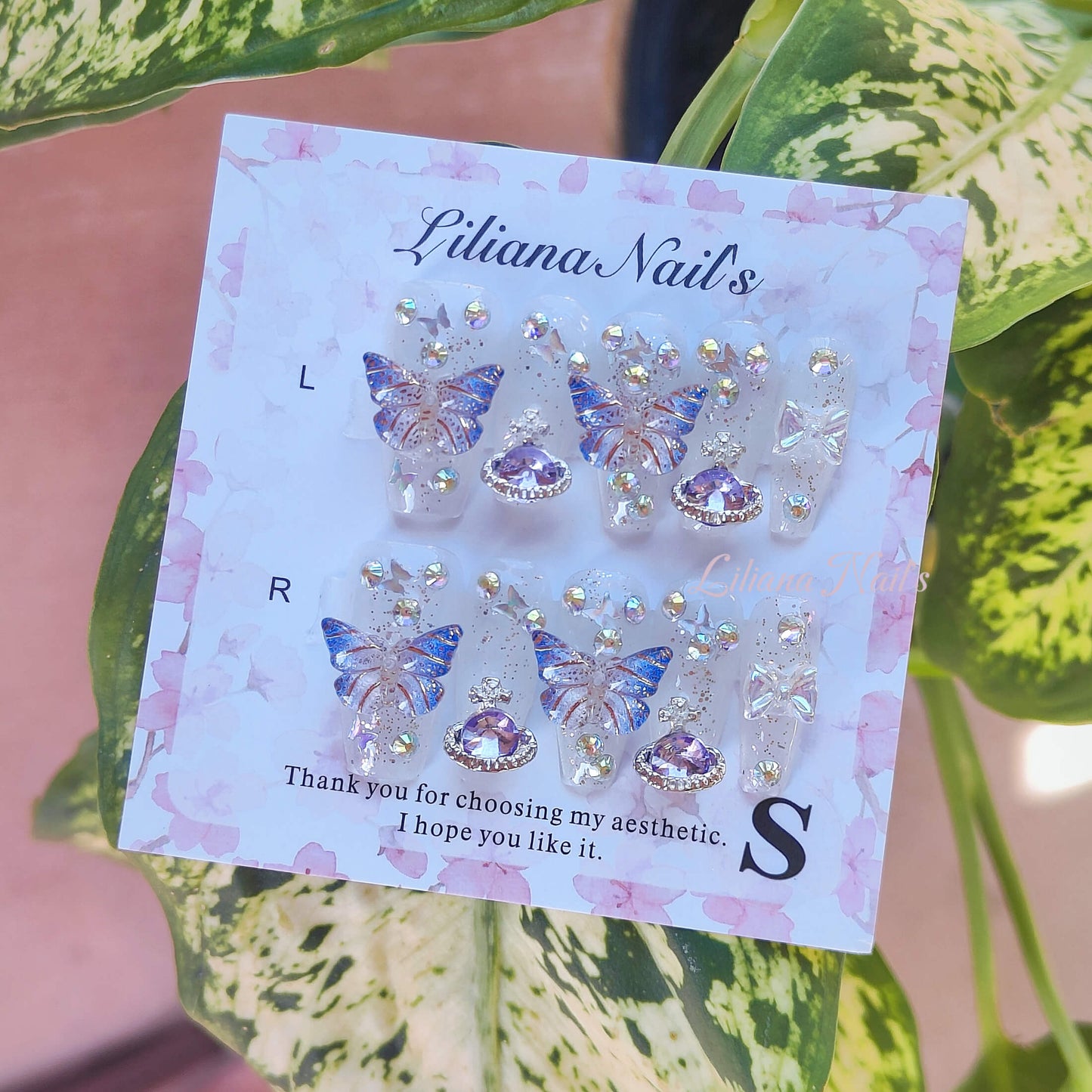 Fairy Press on Nails | 3D Butterfly Charm Kawaii Nails, Glitter Jelly Base, Luxury Princess Fake Nails