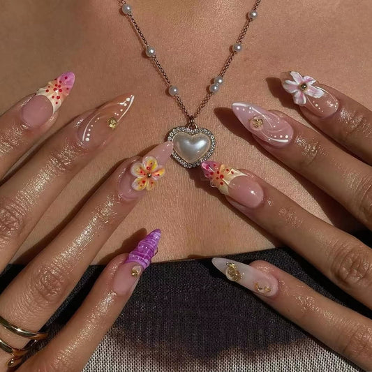 Ocean Dream Handmade Acrylic Press On Nails | 3D Shells, Butterflies & Floral Accents| Easy Stick-On Manicure | Fake Nails False Nails
