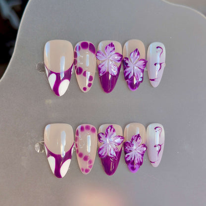 Elegant Purple 3D Floral Handmade Acrylic Press-On Nails - Liliana Nail's