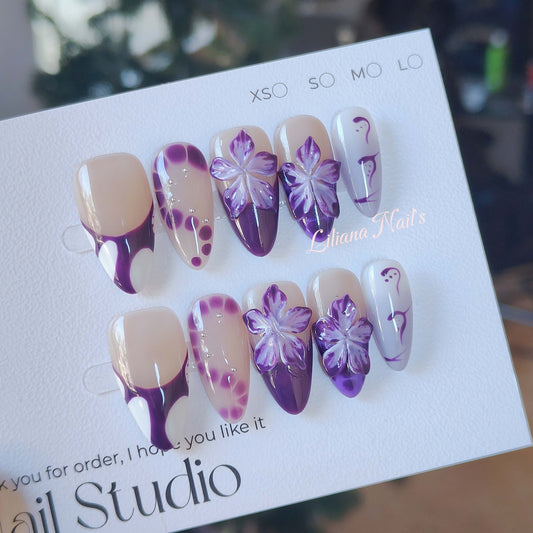 Elegant Purple 3D Floral Handmade Acrylic Press-On Nails - Liliana Nail's