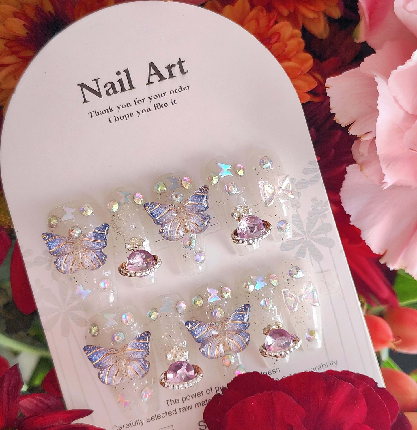 Fairy Press on Nails | 3D Butterfly Charm Kawaii Nails, Glitter Jelly Base, Luxury Princess Fake Nails
