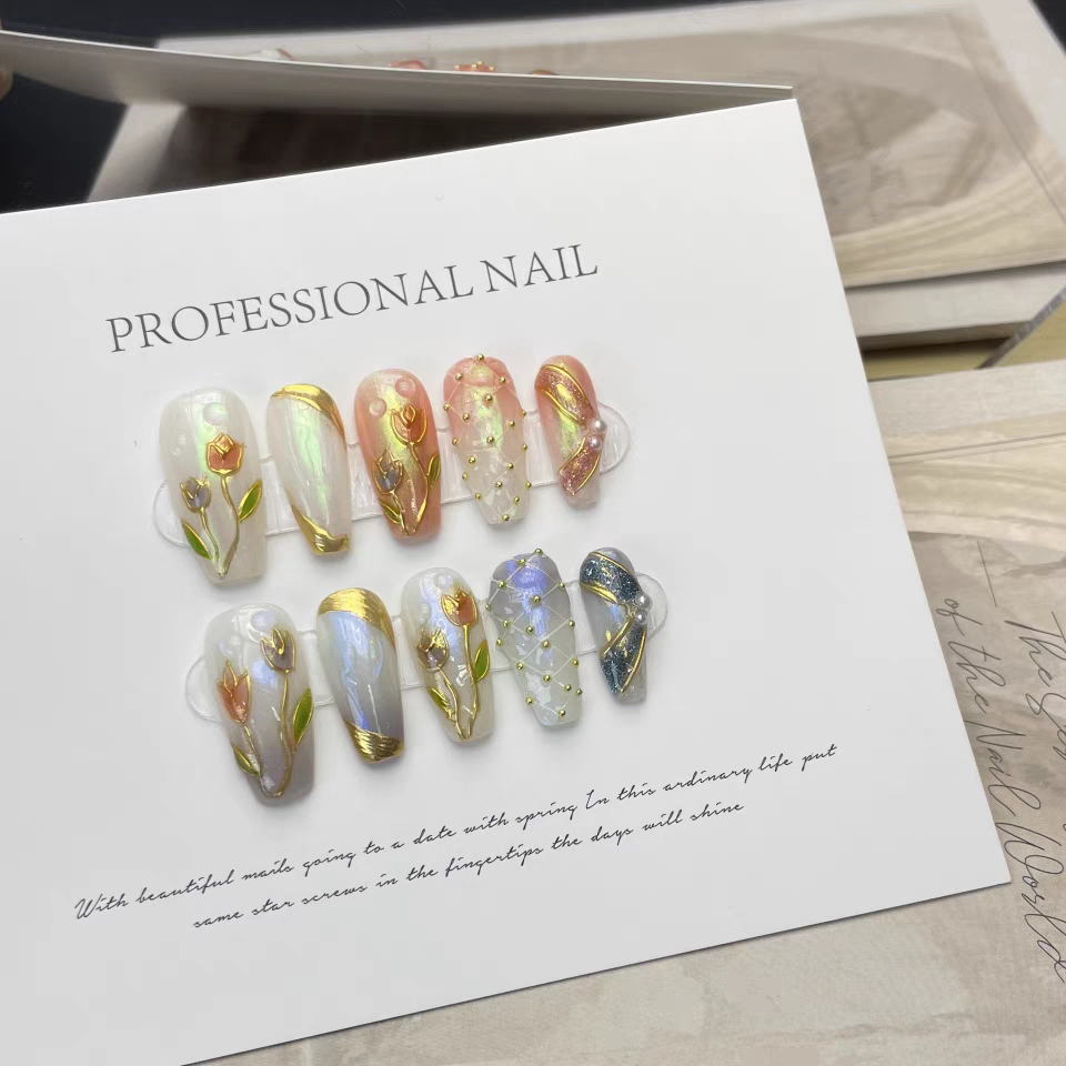 Golden Bloom-Chrome Tulip Gold & Pearl Floral Medium Coffin 10pc Nails| Acrylic Handmade Press on Nails - Liliana Nail's