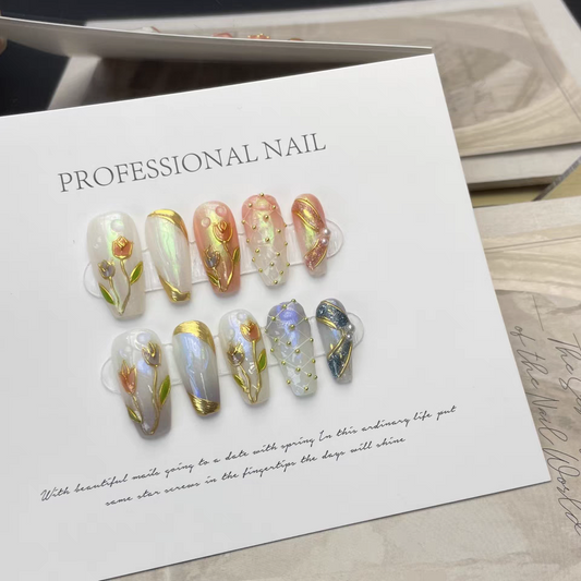 Golden Bloom-Chrome Tulip Gold & Pearl Floral Medium Coffin 10pc Nails| Acrylic Handmade Press on Nails - Liliana Nail's