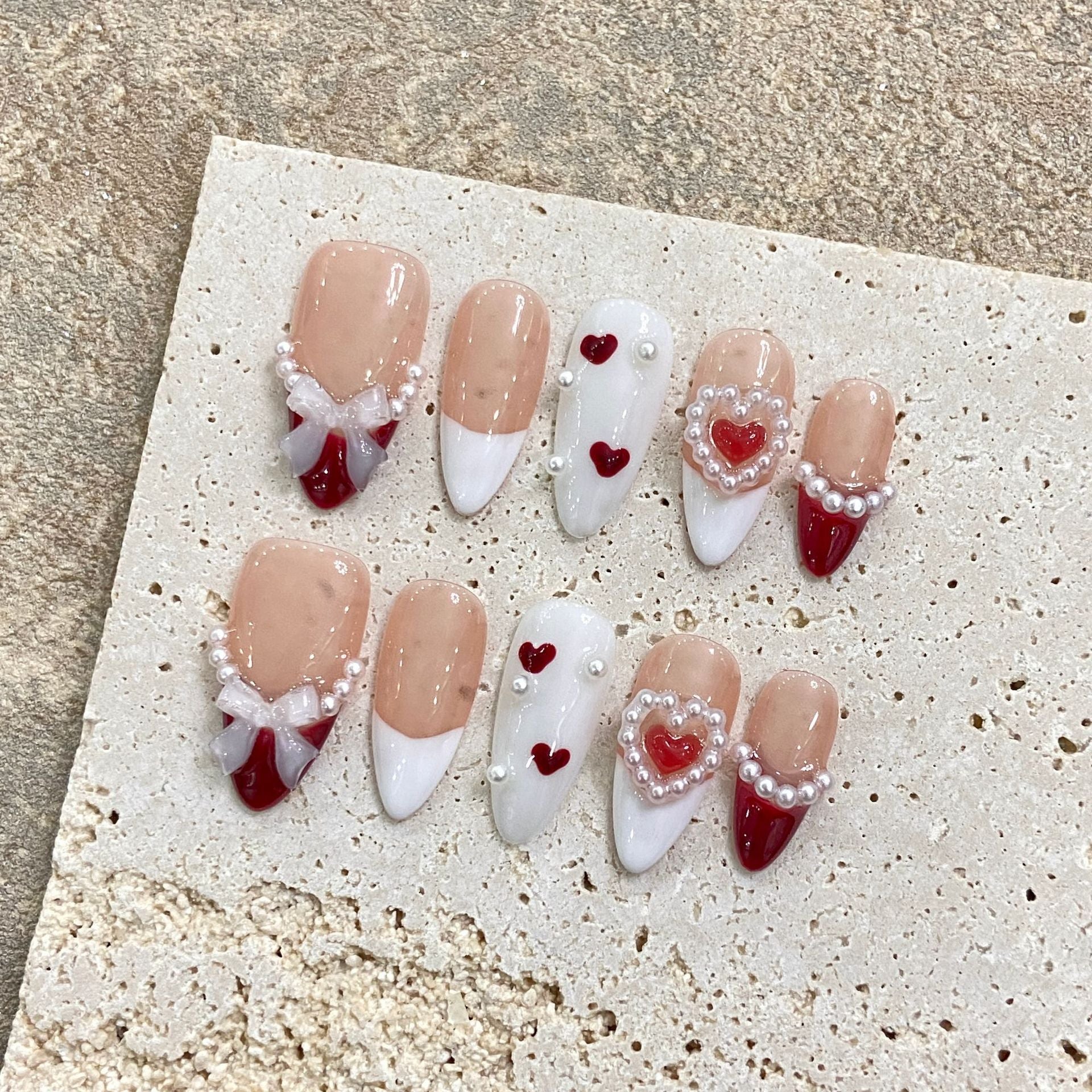 Romantic Heart Pearl Press-On Nails – Red & White Valentine Bow Acrylic Almond Nails - Liliana Nail's